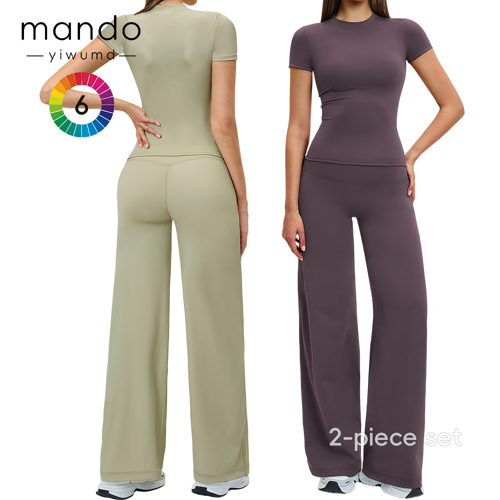 2 Piece Yoga Set Crew Neck Short Sleeve T-Shirt & High Waist Wide Leg Leggings Gym Outfit Set for Women
