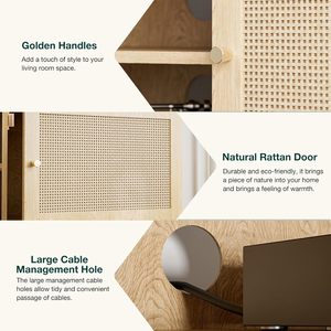 Soporte para <span class=keywords><strong>TV</strong></span> de 65'', Centro de Entretenimiento con Puerta de Ratán, Estantes y 2 Gabinetes, Consola Multimedia Larga Estilo Boho para Sala de Estar, Natural - Product Image 5