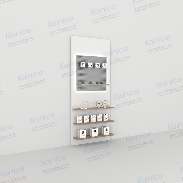 Kainice Slat Pegboard Wooden Cabinet USB Cable Phone Charger Mobile Accessories Display Rack for Cell Phone Shop Wall Display