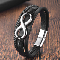 Pulsera de Cuero Negro para Hombre, Tejida con Cuerda de Cuero Vacuno y Acero Inoxidable Infinito, 8 Capas