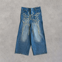Jean baggy personnalisé 380 g/m² délavé effet vieilli avec appliqué brodé, coupe large et décontractée, style streetwear pour homme