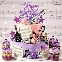Set de Decoración para Pastel con Temática Musical Morada, Llave de Sol Brillante, Nota de Guitarra, Bola de Discoteca, Estrella, Artículos para Fiestas de Cumpleaños de Niñas