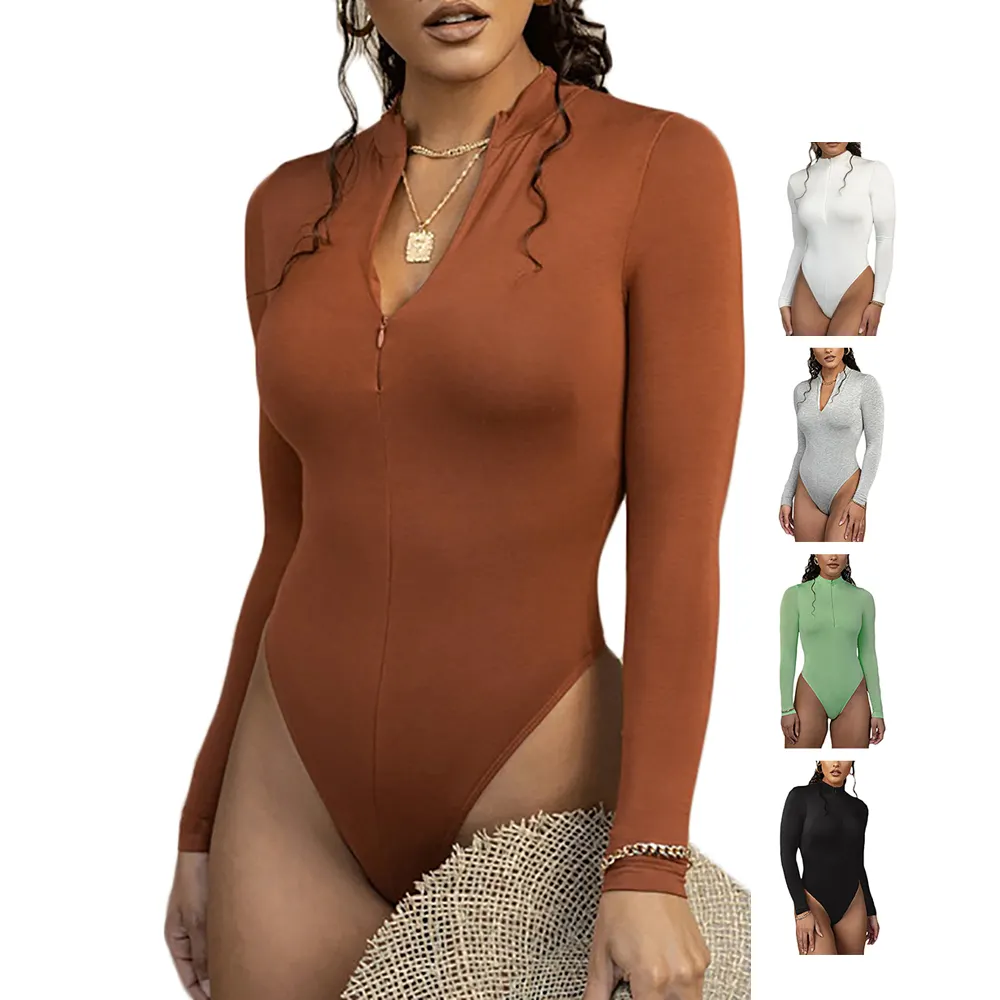 Wholesale OEM Service Zipper-up Long Sleeve High Neck Brown Bodysuit Top for Women