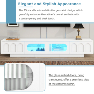 OE HOME Mid-Century Modern TV Stand Fluted Tempered Glass <b>Doors</b> Adjustable Storage APP-Controlled LED <b>Light</b> White for Living - Product Image 4