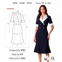 Robe de carrière pour femme bleu marine et blanc, col et poignets contrastants, double boutonnage, manches courtes, ourlet queue de poisson, longueur midi, pour réception d'hôtel, personnalisable