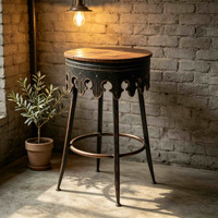 Tabouret de bar vintage orné, siège rond en bois massif, cadre en fer découpé, repose-pieds, chaise de comptoir industrielle pour bar à domicile et cuisine