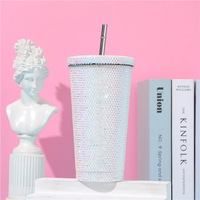 Tasse à café isotherme en acier inoxydable avec paille, incrustée de strass, motif style national tendance