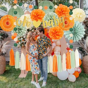 Decoraciones para Baby Shower en <span class=keywords><strong>Verde</strong></span> y Naranja, Pompones, Faroles y Guirnaldas en Beige, <span class=keywords><strong>Verde</strong></span> Salvia y Naranja para Fiestas de Cumpleaños de Niños y Niñas - Product Image 3