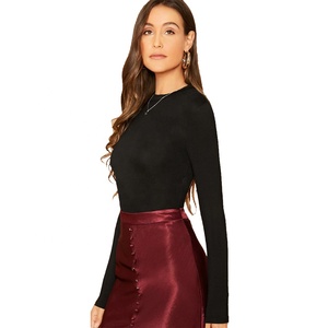 Top corto de cuello alto con lechuga para mujer, camiseta de manga larga ajustada, Tops elásticos, camiseta recortada - Product Image 2