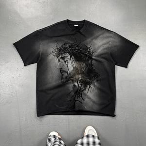 Lavage à l'acide lourd goutte épaule Curling en détresse plaine blanc 100% coton surdimensionné Streetwear vêtements pour hommes t-shirt - Product Image 1