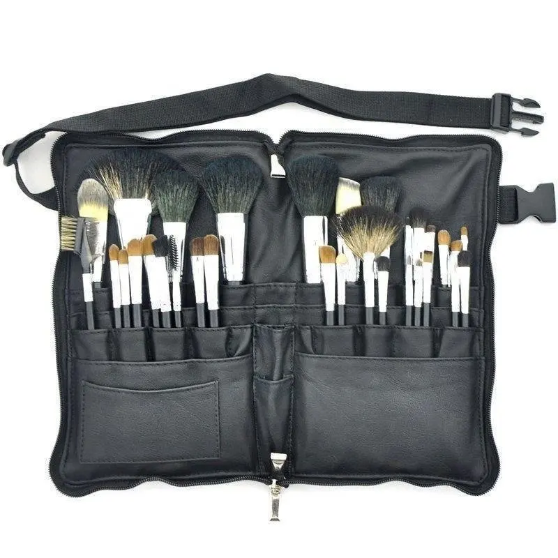 Private Label Small MOQ New Arrival 24 piece natural hair wood handle makeup brushes set with makeup belt