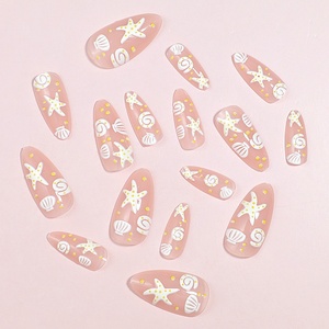 Faux ongles personnalisés de style français, 24 pièces, couverture complète, coquilles 3D minimalistes océaniques, en forme d'étoile, faux ongles courts en forme d'amande - Product Image 3