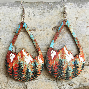 Boucles d'oreilles en bois Vintage forêt neige montagne motif coloré creux pendentif boucles d'oreilles pour femmes Uionen 2316 - Product Image 2