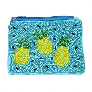 Beaded Pineapple <b>Coin</b> <b>Purse</b> Zipper Closure Handmade Mini Bohemian Style Unisex Fruit Pattern Blue - Product Image 1