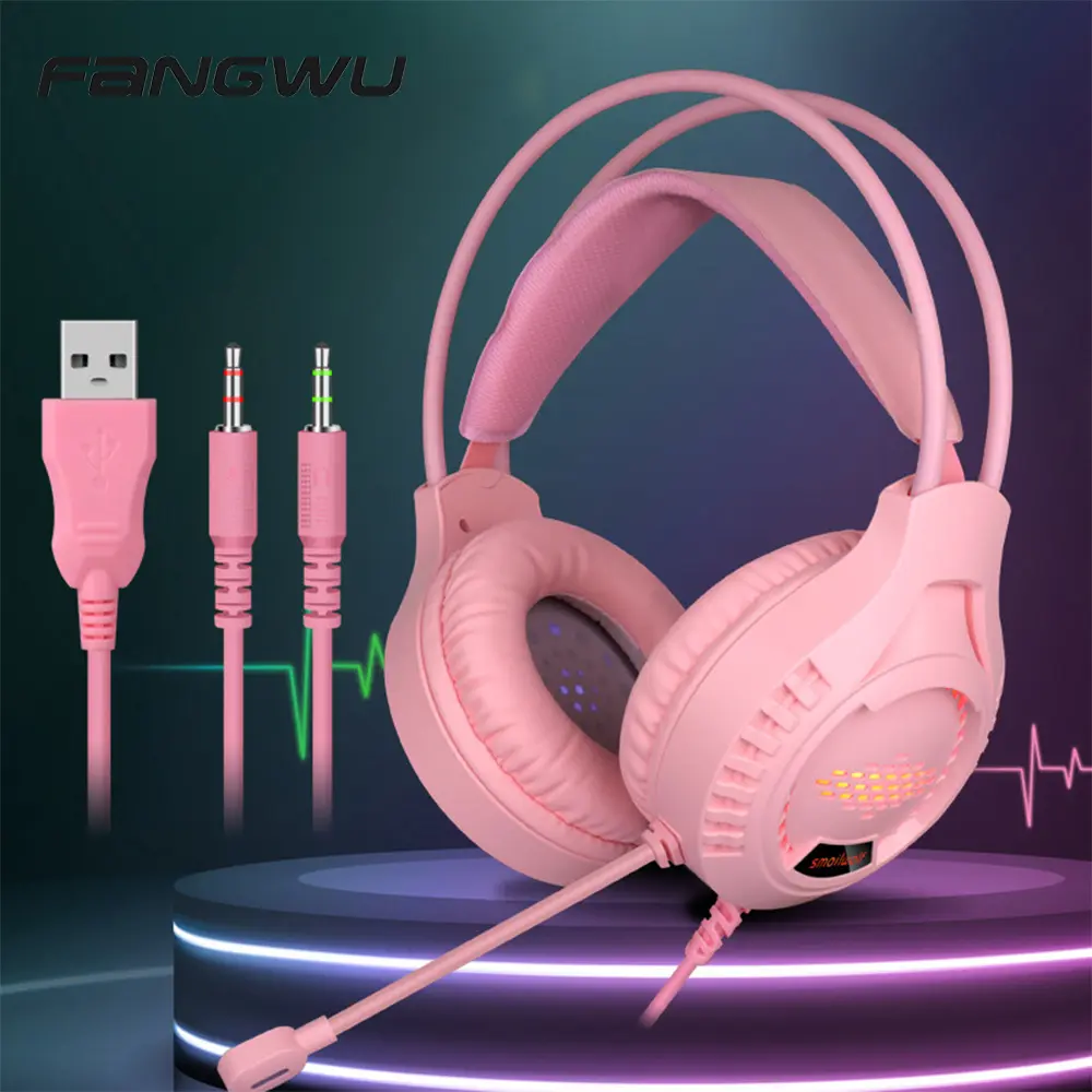 Custom 3.5MM USB White Pink Rgb Led Light Gaming Headset Earphone With Microphone