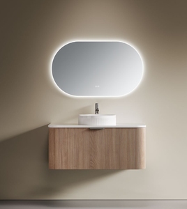 Mueble de Baño de Lujo Ovalado, Montado en la Pared, con Rejilla Curva de Roble, con Lavabo de Cerámica y Placa de <span class=keywords><strong>Roca</strong></span> - Product Image 1
