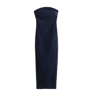 Vestido vaquero elegante para mujer, sin tirantes, con cremallera en la espalda, vestidos con abertura, vestido largo vaquero sin espalda con hombros descubiertos para mujer - Product Image 3