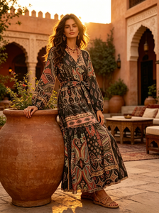 Casual <strong>Boho</strong> Paisley Print Maxi <strong>Dress</strong> V Neck Long Puff Sleeve Tiered Ruffle Long Women <strong>Dress</strong> - Product Image 3