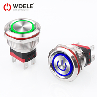 WD25mm sakelar tekan baja tahan karat emas, sakelar LED Label daya berbentuk cincin 220V arus tinggi, instan/interlock