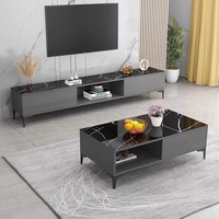 Ensemble de meubles de salon gris de luxe - Table basse en marbre noir brillant et meuble TV avec rangement