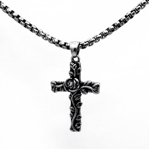 Yunnique Rose Relief <b>Cross</b> Pendant Necklace Stainless Steel Vintage Link <b>Chain</b> Unisex Fashion Jewelry - Product Image 6