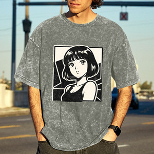 T-shirt vintage délavé pour homme, style rétro années 90, avec motif graphique <span class=keywords><strong>manga</strong></span> 'Short Bob Girl', esthétique japonaise, streetwear décontracté en coton - Product Image 3