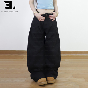 Pantalons <span class=keywords><strong>chino</strong></span> baggy en twill sur mesure LARSUR, taille haute, jambe incurvée en forme de sabre, jambe en forme de fer à cheval effilochée, pantalon de travail pour femmes - Product Image 5