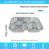 Barquette alimentaire rectangulaire jetable en aluminium de 800 ml à 4 compartiments avec couvercle pour barbecue, cuisson et emballage à emporter
