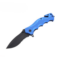 Couteau pliant de sauvetage à manche en aluminium bleu, lame dentelée noire, brise-vitre, coupe-ceinture de sécurité, couteau de poche EDC pour le camping