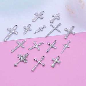 จี้รูปกางเขนสแตนเลส อุปกรณ์ทำเครื่องประดับ DIY สำหรับสร้อยข้อมือ สร้อยคอ ชุด 12 ชิ้น ผิวขัดเงา - Product Image 1