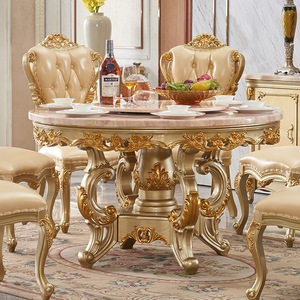 Mesa de comedor de mármol redonda con marco de madera europeo de lujo con silla de cuero champán dorado <span class=keywords><strong>para</strong></span> <span class=keywords><strong>cocina</strong></span>, juego de muebles de comedor - Product Image 2