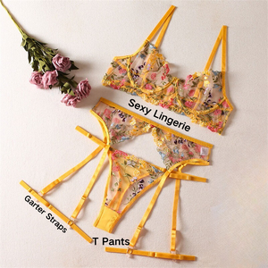 3 Pcs Set Vintage Femmes Floral Broderie Mesh Sexy Lingerie Set Sheer Bra + <span class=keywords><strong>Porte</strong></span>-jarretelles + T Panties - Product Image 6