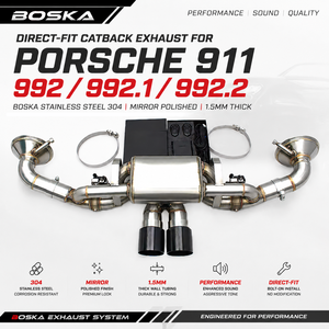 Échappement Catback à montage direct pour Porsche 911 992/992.1/992.2 BOSKA en acier inoxydable 304 avec finition polie miroir 1,5 mm d'épaisseur - Product Image 1