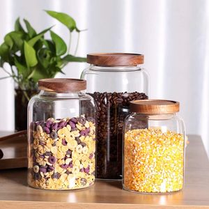 Grands pots en verre pour bonbons avec couvercles en bois, pots en verre à rayures verticales avec couvercle, récipients de stockage en verre pour sucre et farine - Product Image 2