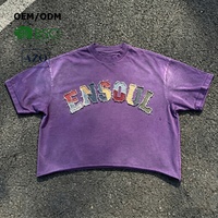 T-shirt Homme Oversize Décontracté Vintage Lavé Court en Jean Patchwork Multicolore avec Lettres, Personnalisable Marque Privée OEM
