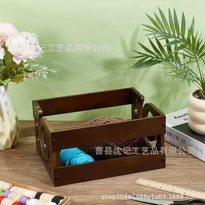 Solid Wood Yarn <b>Storage</b> Box Rectangular Brown Covered For <b>Knitting</b> Craft Organization - Product Image 2