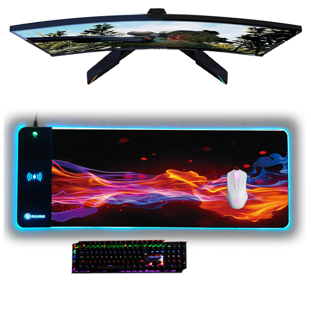 Customize LOGO Heated Stock 15W RGB Rubber+Cloth+PCBA 4mm Thick Rectangular Gaming Mousepad Wireless Charging Customized Size
