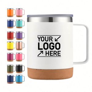 Custom Cork Bottom Powder Coated Matte <b>Coffee</b> Cup 12 oz Double Wall Vacuum Insulated Cork Base Stainless Steel Mug with Handle - Product Image 1
