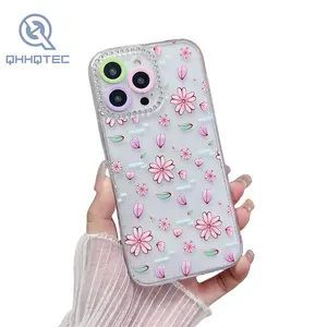 New Style Custom Printing Transparent Flower Diamond Design With Precise Camera Protection Phone Case For IPhone 13 14 Pro