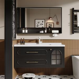 French Oak Door Retro <b>Bathroom</b> <b>Vanity</b> With Washbasin And Mirror Light Black Multi Layer Solid Wood Cabinet - Product Image 3