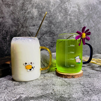 Tasse à lait en verre pour enfants, motif animal de dessin animé, résistante à la chaleur, avec poignée, marquages de mesure, compatible micro-ondes, sans couvercle, pour la maison