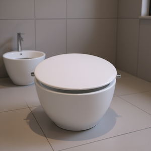 Asiento de inodoro Senesi redondo blanco con bisagras de cierre lento para inodoros Lutezia Form 2, uso en baño - Product Image 3