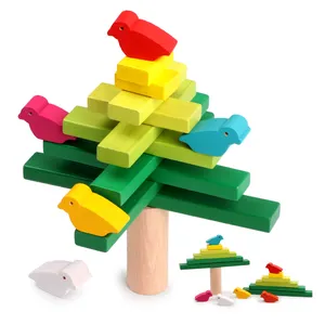 批发木制蒙特梭利玩具套装益智七彩积木堆叠平衡鸟木制益智塔平衡游戏玩具
