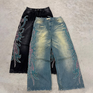 MZN Pantalon en denim unisexe surdimensionné vintage bleu délavé Hip Hop, jean évasé à jambe droite, fermeture à boutons, rivet en strass - Product Image 1