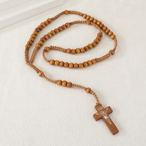 Rosario Católico Hecho a Mano con Cuentas de Madera Natural, Collar con Cruz y Colgante de Jesús, Joyería Religiosa, Venta al por Mayor - Product Image 2