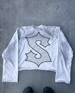 T-shirts strass personnalisés 100% coton pour hommes Boxy Fit T-shirts à manches longues en détresse imprimé Vintage maillot lavé teint au soleil - Product Image 3