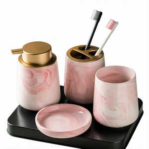 COZY Eco-Friendly Modern Customized Shape Ceramic 4+ Piece <b>Bathroom</b> Lotion/Shampoo/Soap <b>Dispenser</b> <b>Set</b> for Home & Hotel - Product Image 1