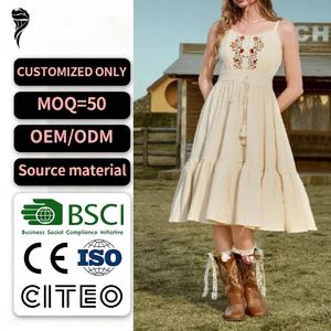 Vestido Casual de Lino y Algodón para Mujer, de Alta Calidad OEM, Transpirable, Ecológico, con Diseño de Bordado Floral Natural - Product Image 1