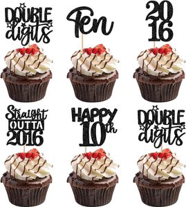 Décorations <span class=keywords><strong>de</strong></span> cupcakes noires <span class=keywords><strong>pour</strong></span> 10e anniversaire, piques à cupcakes scintillantes « Happy <span class=keywords><strong>10</strong></span> Straight Outta 2016 » <span class=keywords><strong>pour</strong></span> fête d'anniversaire ou <span class=keywords><strong>de</strong></span> <span class=keywords><strong>mariage</strong></span> - Product Image 1