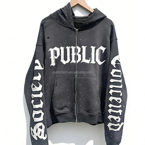 Sudadera con capucha personalizada de moda vintage para hombre, con bordado de apliques, efecto lavado, desgastado por el sol, con cremallera y adornos de pedrería en toda la prenda. - Product Image 3